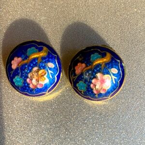 Vintage Cloisonné Floral Enamel Clip-On Earrings